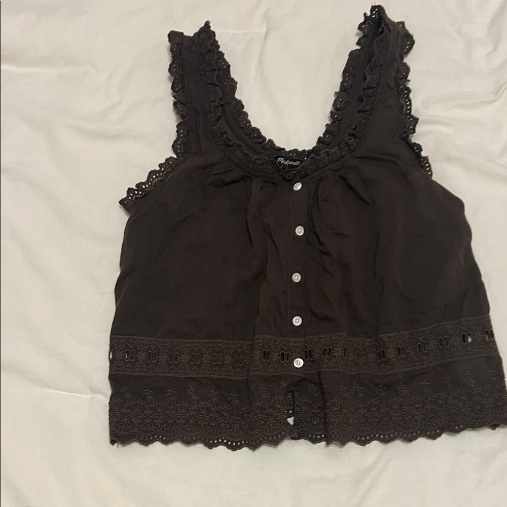Madewell Dark Brown Lace Trim Blouse